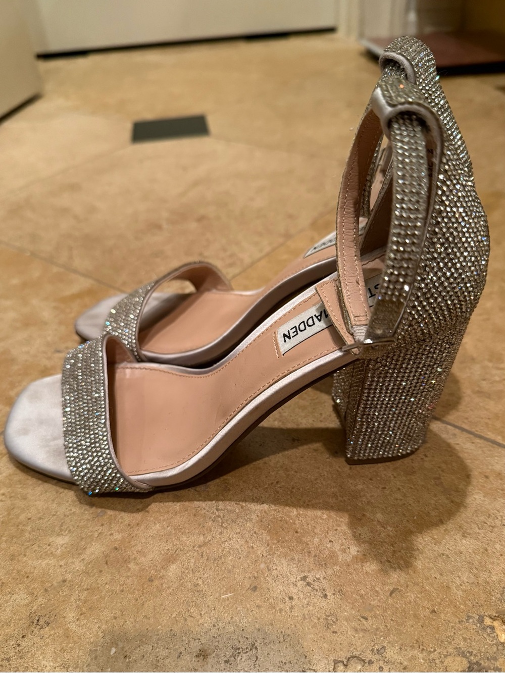 Steve Madden Silver Crystal Block-Heel Sandals